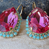 Pink Fuchsia Crystal Rebeka Drop Earrings. Turquoise Fuchsia Earrings. Teardrop Dangle Earrings