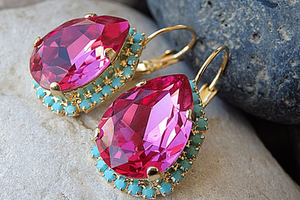 Pink Fuchsia Crystal Rebeka Drop Earrings. Turquoise Fuchsia Earrings. Teardrop Dangle Earrings