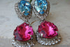Pink Turquoise Earrings. Exotic Earrings. Chandelier Earrings. Pink Blue Earrings. Rebeka Crystal Pink Fuchsia Earrings.hot Pink Fuchsia