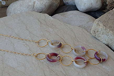 Purple And White Agate Necklace. Agate Hoop Necklace. Purple Link Necklace. Gold Or Silver Gemstone Chain Necklace. Long Circles Necklace