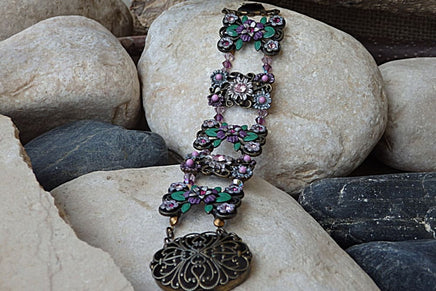 Purple Rhinestone Bracelet. Amethyst Cuff Bracelet. Chunky Rhinestone Rebeka Bracelet. Green Purple Enamel Bracelet. Beaded Bracelet .