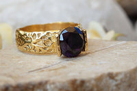 Purple Stone Ring. Solitaire Gold Ring. Cz Ring. Unique Wedding Ring. Hammered Ring. Chunky One Stone Ring. Gift For Her. Engagement Ring