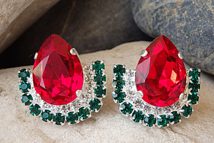 Red And Emerald Rebeka Cluster Earrings. Silver Red Green Earrings. Drop Shape Earrings. Teardrop Stud Earrings. Red Crystal Earrings