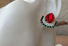 Red And Emerald Rebeka Cluster Earrings. Silver Red Green Earrings. Drop Shape Earrings. Teardrop Stud Earrings. Red Crystal Earrings
