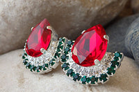 Red And Emerald Rebeka Cluster Earrings. Silver Red Green Earrings. Drop Shape Earrings. Teardrop Stud Earrings. Red Crystal Earrings