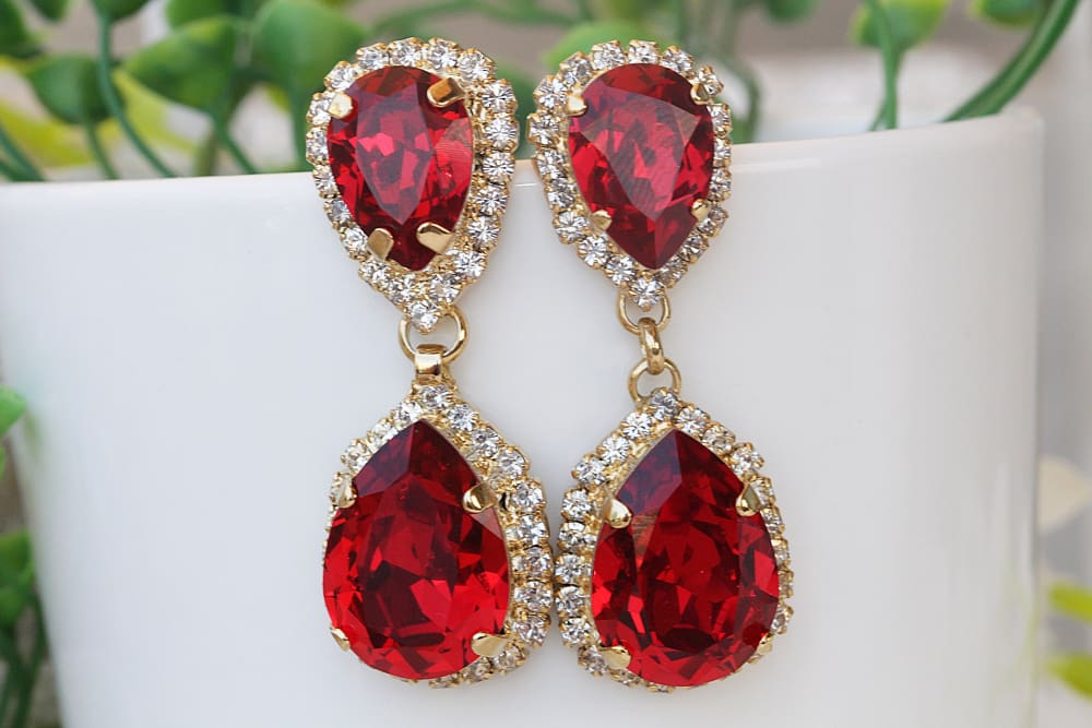 Red crystal chandelier earrings hotsell