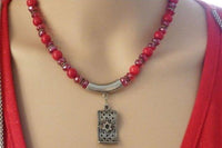 Red Coral Beads Necklace Pendant. Star Of David Jewish Jewelry. Red Crystal Rebeka Necklace. Judaica Women Jewelry Gift. Unique Necklace.