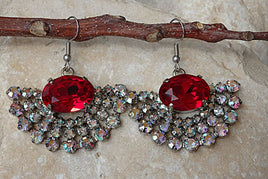 Red Fan Earrings. Fan Rhinestone Earrings. Crystals Rebeka Earrings. Red Evening Earrings. Silver Drop Earrings. Red Gemstone Earrings
