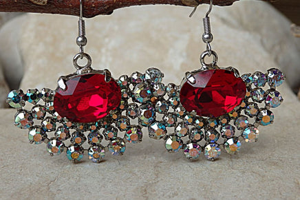 Red Fan Earrings. Fan Rhinestone Earrings. Crystals Rebeka Earrings. Red Evening Earrings. Silver Drop Earrings. Red Gemstone Earrings