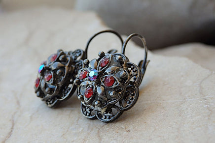 Red Flower Earrings. Vintage Earrings. Rebeka Drop Earrings. Oxidized Silver Earrings For Woman Red Drop Earrings. Floral Drop Earrings