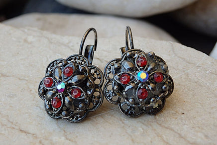Red Flower Earrings. Vintage Earrings. Rebeka Drop Earrings. Oxidized Silver Earrings For Woman Red Drop Earrings. Floral Drop Earrings