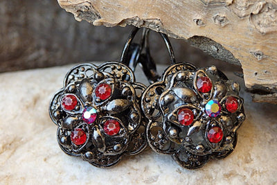 Red Flower Earrings. Vintage Earrings. Rebeka Drop Earrings. Oxidized Silver Earrings For Woman Red Drop Earrings. Floral Drop Earrings