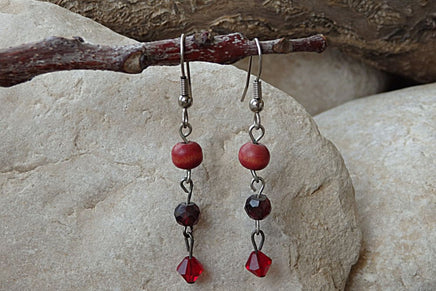 Red Garnet Dangle Earrings. Beaded Wood Earrings. Ruby Crystal Rebeka. January Birthstone Earrings. Wood Jewelry.everyday Jewelry For Her