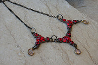 Red Necklace. Ruby Crystal Necklace. Rebeka Crystals Garnet Necklace. Red Jewelry. Vintage Style Triple Necklace.brass Frame Necklace