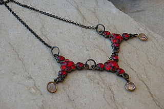 Red Necklace. Ruby Crystal Necklace. Rebeka Crystals Garnet Necklace. Red Jewelry. Vintage Style Triple Necklace.brass Frame Necklace