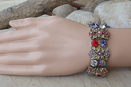 Rhinestone Cuff. Bling Colorful Rebeka Bracelet. Studs Bracelet. Red Purple Clear Stone Bracelet. Tulip Jewelry Gift. Multicolored Cuff