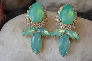 Rhinestone Mint Opal Post Earrings. 24K Yellow Gold Plated Earrings. Bridesmaids Green Mint Real Rebeka Earrings. Crystal Stud Earrings