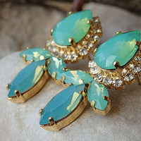 Rhinestone Mint Opal Post Earrings. 24K Yellow Gold Plated Earrings. Bridesmaids Green Mint Real Rebeka Earrings. Crystal Stud Earrings