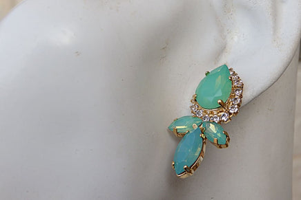 Rhinestone Mint Opal Post Earrings. 24K Yellow Gold Plated Earrings. Bridesmaids Green Mint Real Rebeka Earrings. Crystal Stud Earrings