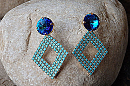 Rhombus Post Earrings. Blue Turquoise Rebeka Crystal Earrings. Gold Geometric Earrings. Blue Post Earrings. Turquoise Rhombus Earrings