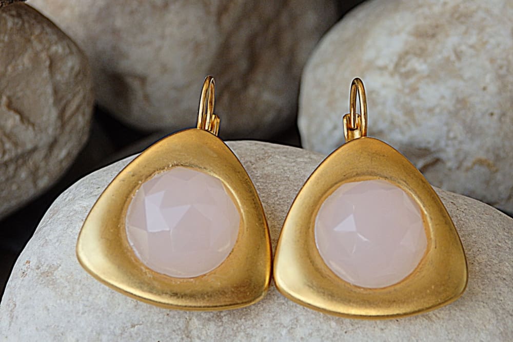 Rose Quartz Drop Earrings. Boho Earrings. Gold Triangle Earrings. Pink Gemstone Earrings. Gold Plated Geometric Earrings. Modern Earrings