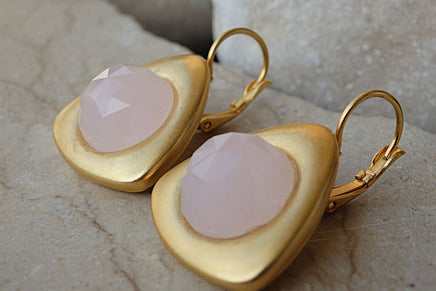 Rose Quartz Drop Earrings. Boho Earrings. Gold Triangle Earrings. Pink Gemstone Earrings. Gold Plated Geometric Earrings. Modern Earrings