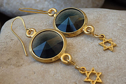 Round Rebeka With Star Of David Earrings. Blue Crystal Drop Earrings. Gold Plated Jewish Jewelry. Rebeka Magen David Drop Earrings