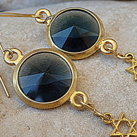 Round Rebeka With Star Of David Earrings. Blue Crystal Drop Earrings. Gold Plated Jewish Jewelry. Rebeka Magen David Drop Earrings