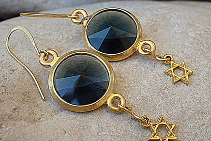 Round Rebeka With Star Of David Earrings. Blue Crystal Drop Earrings. Gold Plated Jewish Jewelry. Rebeka Magen David Drop Earrings