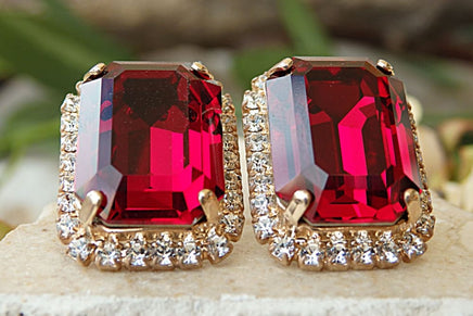 Ruby Earrings. Red Stud Earrings. Big Stud Earrings. Rhinestone Stud Earrings. Ruby Crystal Rebeka Earrings. Estate Jewelry