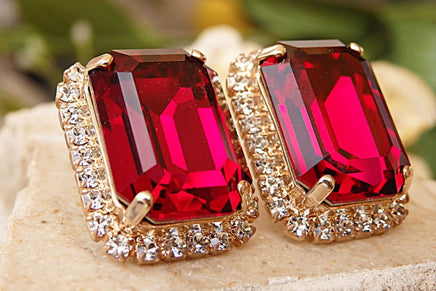 Ruby Earrings. Red Stud Earrings. Big Stud Earrings. Rhinestone Stud Earrings. Ruby Crystal Rebeka Earrings. Estate Jewelry