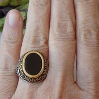 Seal Ring. Men Signet Ring. Sterling Silver Ring. Unisex Ring. Black Stone Ring. Rings For Men. Two Tone Ring. Onyx Ring. Antique Style Ring