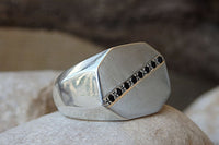Signet Ring. 925 Sterling Silver Octagon Ring With Black Zircon. Cubic Zirconia Silver Signet Ring. Silver Zirconia Ring. Black Stones Ring