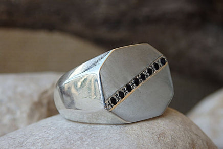 Signet Ring. 925 Sterling Silver Octagon Ring With Black Zircon. Cubic Zirconia Silver Signet Ring. Silver Zirconia Ring. Black Stones Ring