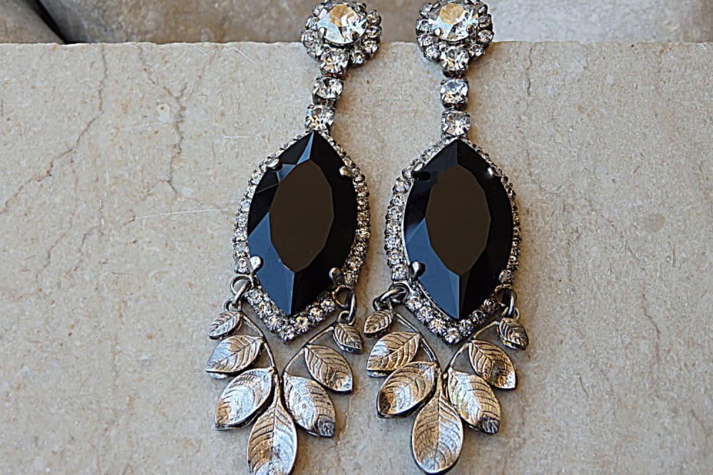 Swarovski chandelier earrings,Crystal black drop earrings, Boho popular earrings dangle, Long statement earrings silver, Pale blue earrings