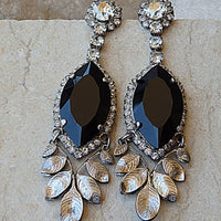 Silver Black Leaves Earrings. Silver Chandelier Earrings. Rebeka Crystal Drop Earrings. Long Black Earrings. Leaves Cocktail Earrings