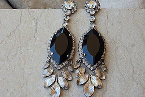 Silver Black Leaves Earrings. Silver Chandelier Earrings. Rebeka Crystal Drop Earrings. Long Black Earrings. Leaves Cocktail Earrings