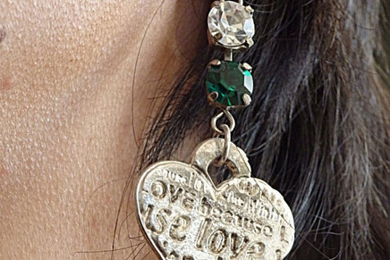 Silver Engraving Heart Earrings. Dangle Rebeka Earrings. Green Stone Earrings. Love Earrings. Heart Jewelry Gift For Wife Women Dangles