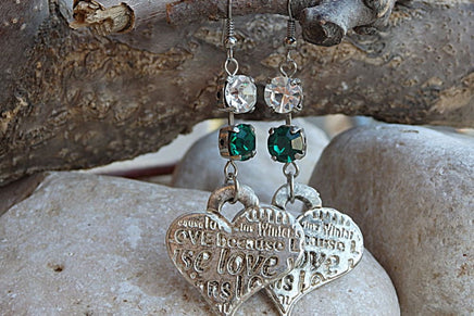 Silver Engraving Heart Earrings. Dangle Rebeka Earrings. Green Stone Earrings. Love Earrings. Heart Jewelry Gift For Wife Women Dangles