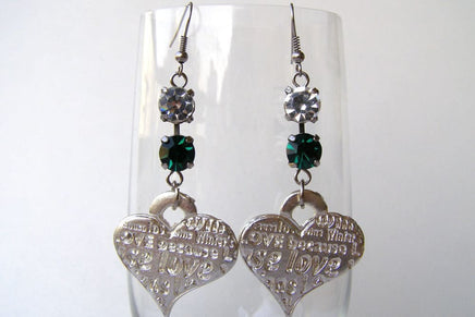 Silver Engraving Heart Earrings. Dangle Rebeka Earrings. Green Stone Earrings. Love Earrings. Heart Jewelry Gift For Wife Women Dangles