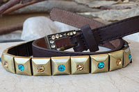 Skinny Brown Leather Belt. Rebeka Studded Belt. Thin Leather And Metal Belt. Rhinestone Belt. Womens Narrow Belt. Metal Squares Belt