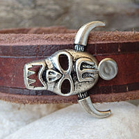 Skull Brown Leather Bracelet. Mens Leaher Bracelet. Gothic Leather Bracelet For Men Halloween Jewelry. Skull Leather Wristband. Rocker Cuff
