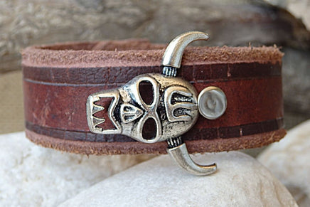 Skull Brown Leather Bracelet. Mens Leaher Bracelet. Gothic Leather Bracelet For Men Halloween Jewelry. Skull Leather Wristband. Rocker Cuff