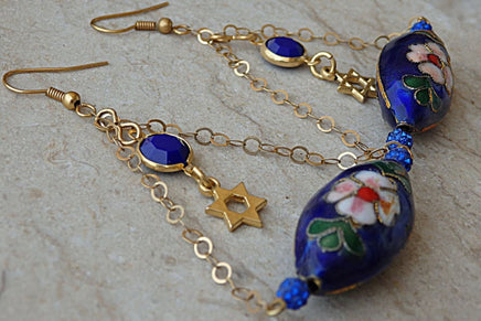 Star Of David Big Earrings. Gold Filled Star Of David Earrings. Judaica Jewelry. Painted Enamel Bead Jewish Earrings. Handmade Blue Earrings