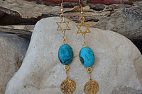 Star Of David Dangle Earrings. Jewish Star Jewelry. Shema Israel Earrings. Turquoise Gold Earrings. December Brithstone Gemstone Jewelry.