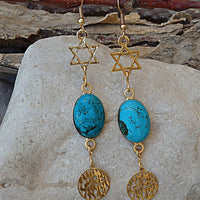 Star Of David Dangle Earrings. Jewish Star Jewelry. Shema Israel Earrings. Turquoise Gold Earrings. December Brithstone Gemstone Jewelry.