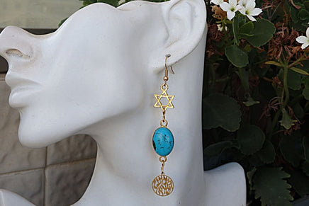 Star Of David Dangle Earrings. Jewish Star Jewelry. Shema Israel Earrings. Turquoise Gold Earrings. December Brithstone Gemstone Jewelry.