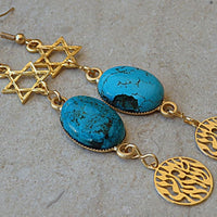 Star Of David Dangle Earrings. Jewish Star Jewelry. Shema Israel Earrings. Turquoise Gold Earrings. December Brithstone Gemstone Jewelry.