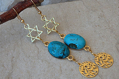 Star Of David Dangle Earrings. Jewish Star Jewelry. Shema Israel Earrings. Turquoise Gold Earrings. December Brithstone Gemstone Jewelry.