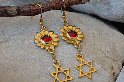 Star Of David Earrings. Gold Jewish Jewelry. Red Rebeka Earrings. Drop Jewish Symbolic Earrings. Magen David Star Charms Jewelry Gift